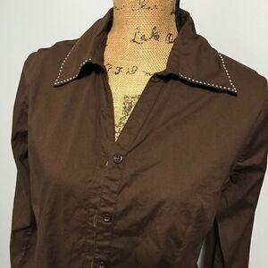 Caos Large beaded brown button down shirt